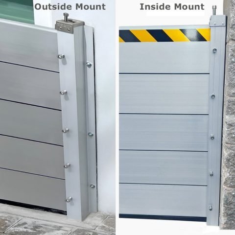 Side-by-side comparison of flood barrier post installations with inside and outside mount configurations