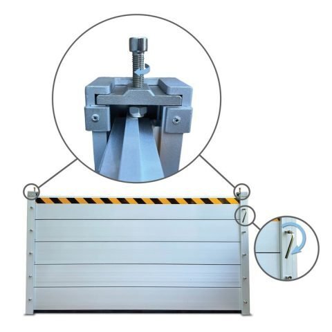 Top-down view of flood barrier clamp system with close-up of Allen wrench sealing tool
